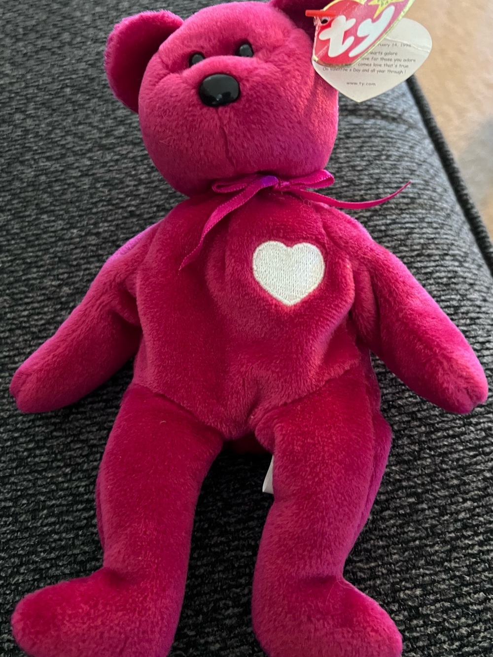 TY Beanie Baby Plush Bear - Pink Heart Design-Valentina
